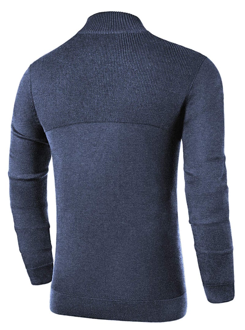 NITAGUT Mens Slim Fit Zip Up Mock Neck Polo Sweater Casual Long Sleeve Sweater and Pullover Sweaters with Ribbing Edge,Vg Navy Blue,Medium - Image 2